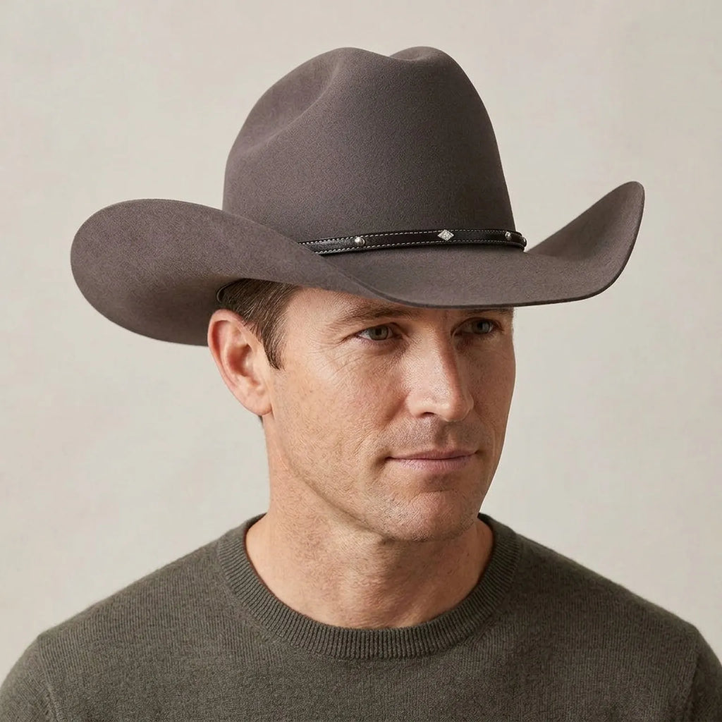 Brown Felt Cowboy Hat, Tall Pinched Crown with Diamond Studded Band