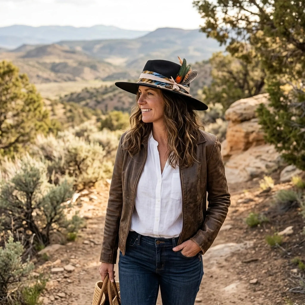 Black Wide Brim Fedora with Ribbon Band and Mixed Feathers