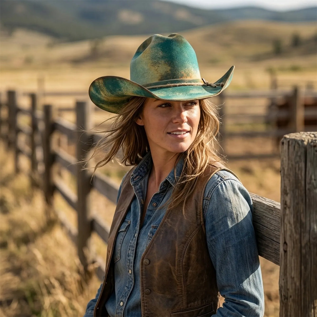 Distressed Teal Cowboy Hat with Leather and Twine Band