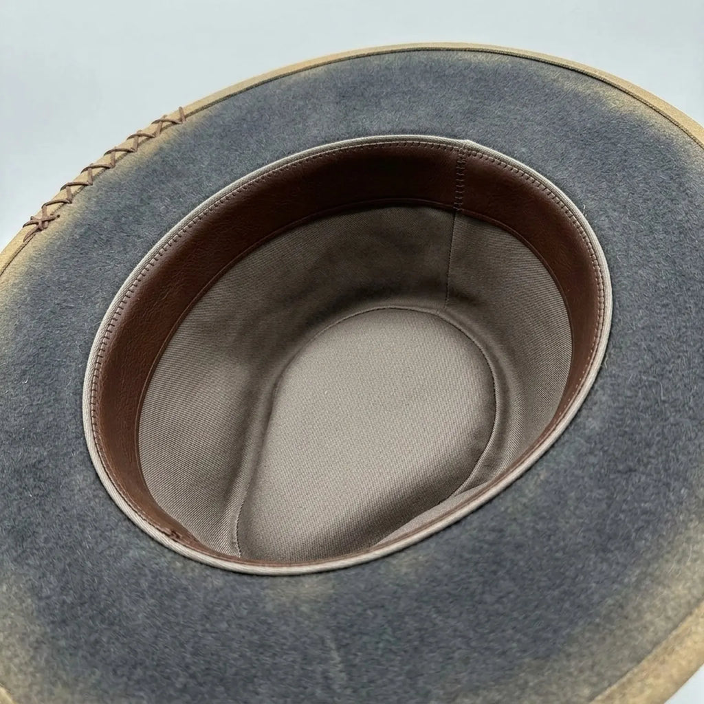 Charcoal Distressed Fedora With Brown Feather And Raffia Trim