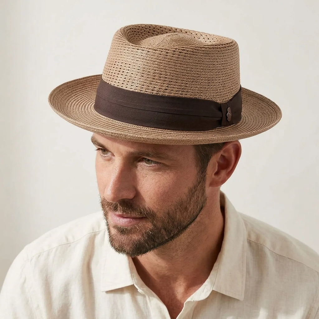 Brown Straw Fedora Hat with Open Weave Crown and Wide Band