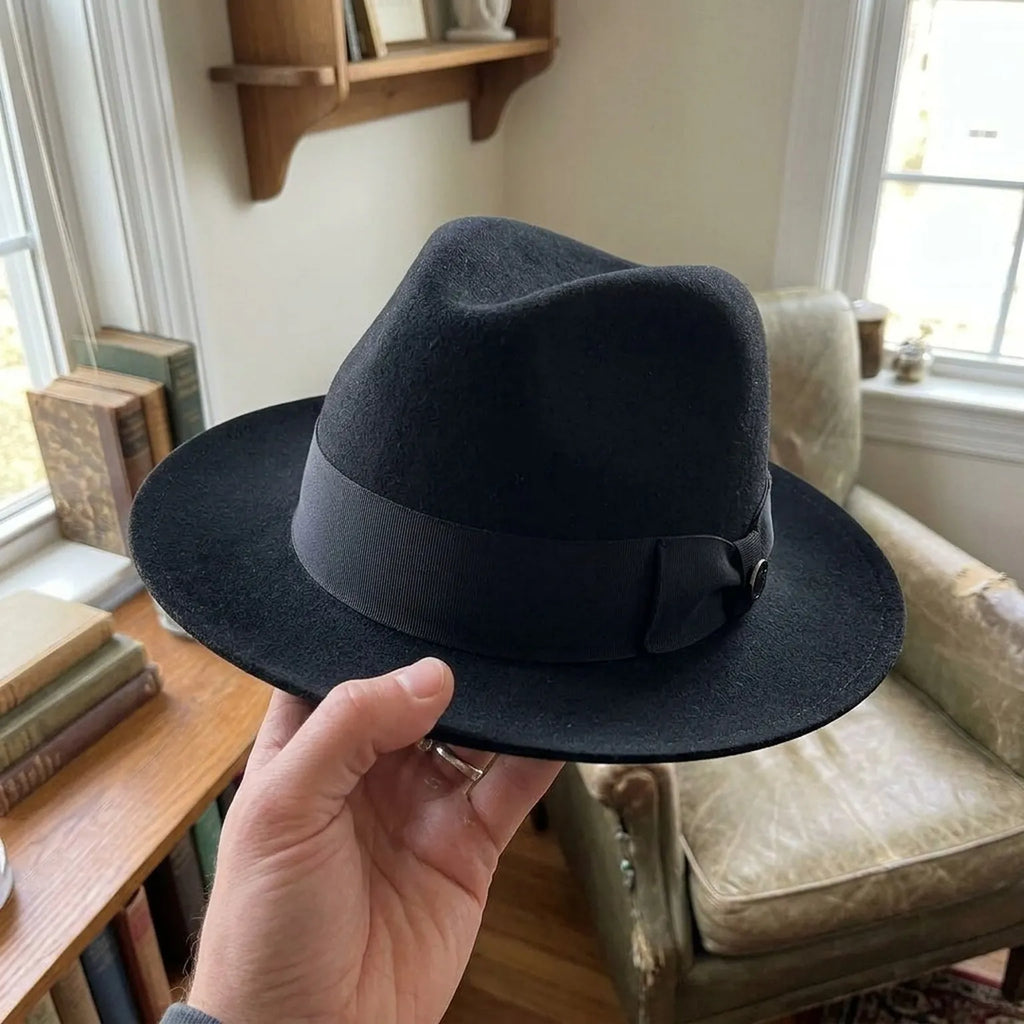 Black Wool Felt Fedora with Grosgrain Band and Bow Detail