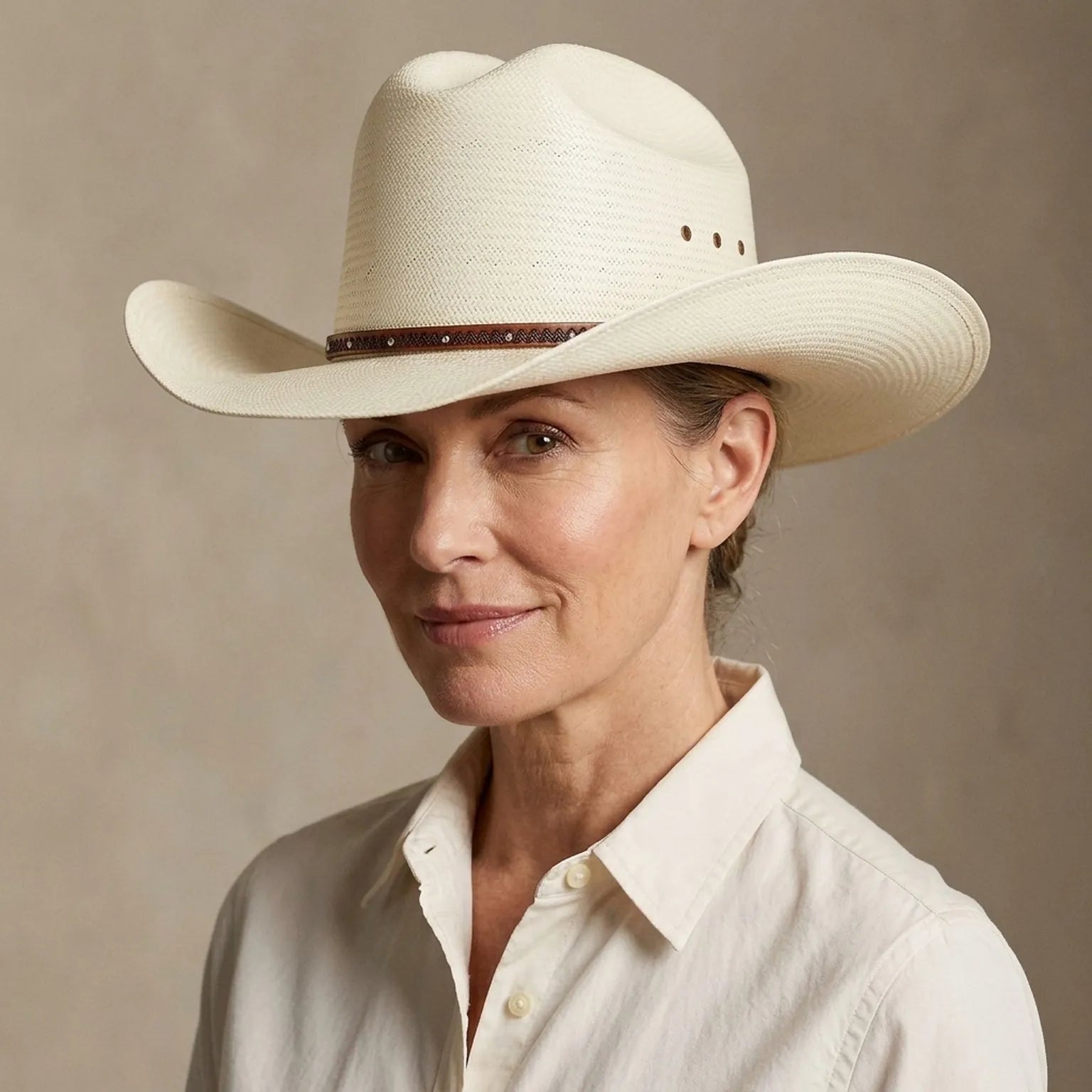 White Straw Fedora Hat with Brown Studded Leather Hatband