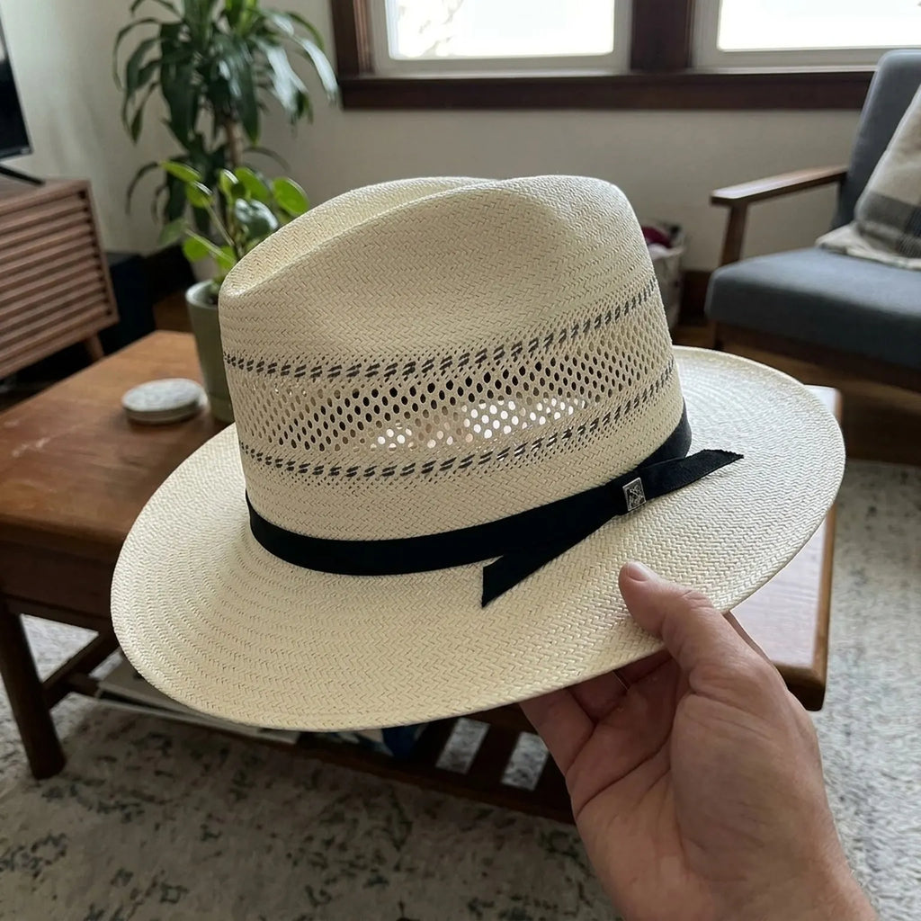 Unisex White Straw Panama Hat with Black Ribbon and Vent Crown