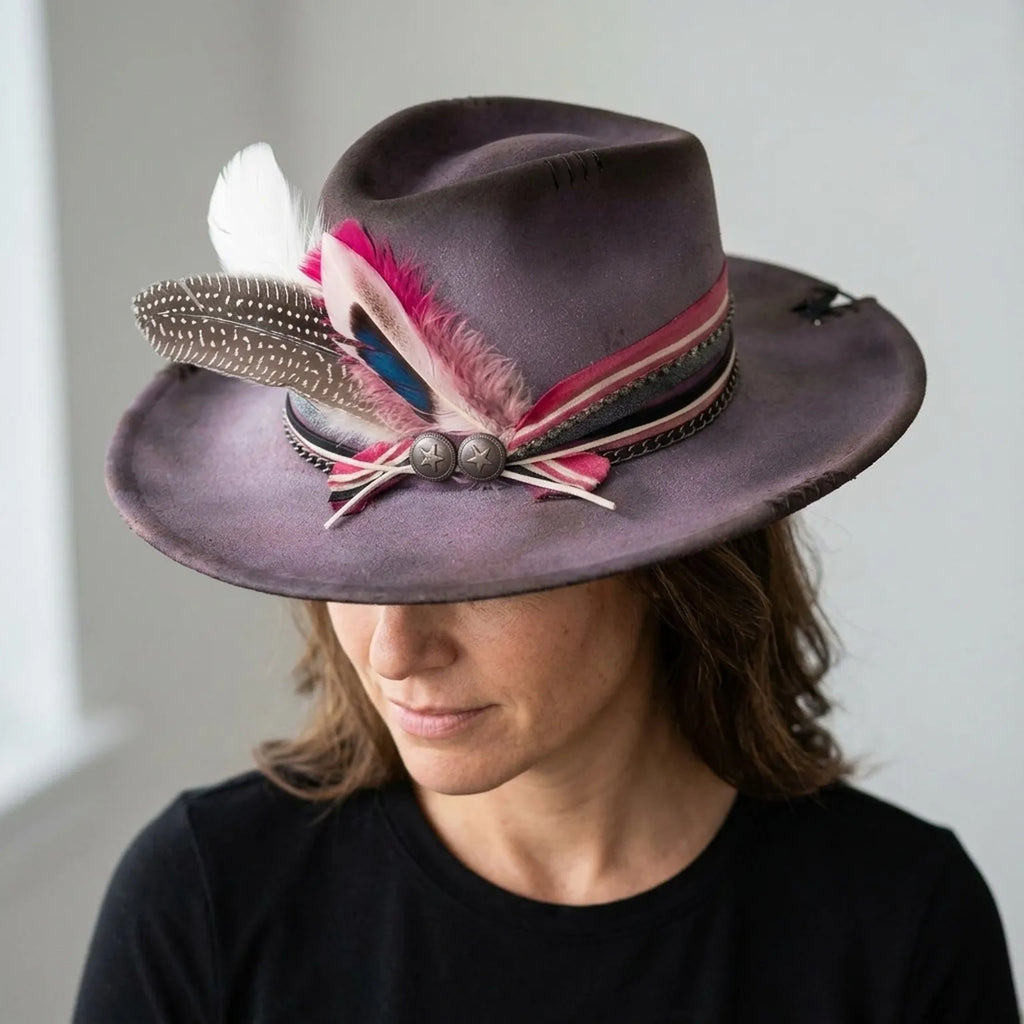 Mauve Felt Fedora Hat with Pink Feather and Chain Detail