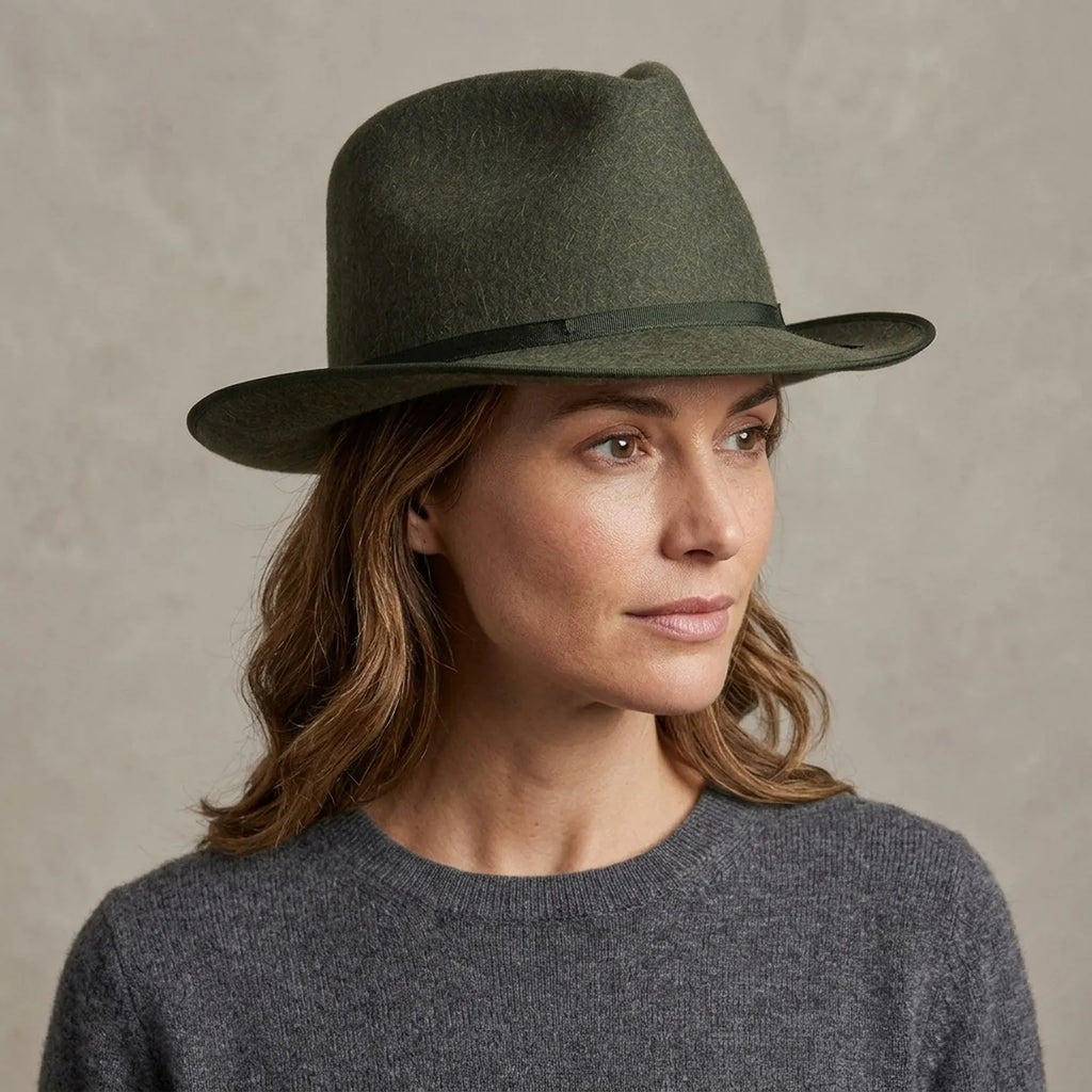 Olive Green Wool Felt Fedora with Grosgrain Band and Feather