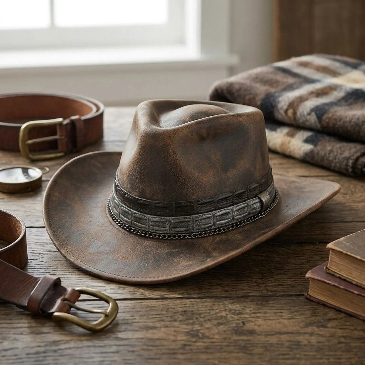 Distressed Brown Leather Cowboy Hat with Chain Accent Band