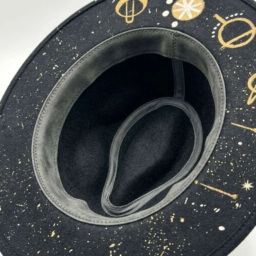 Black Celestial Fedora with Gold Mystical Symbols and Feather