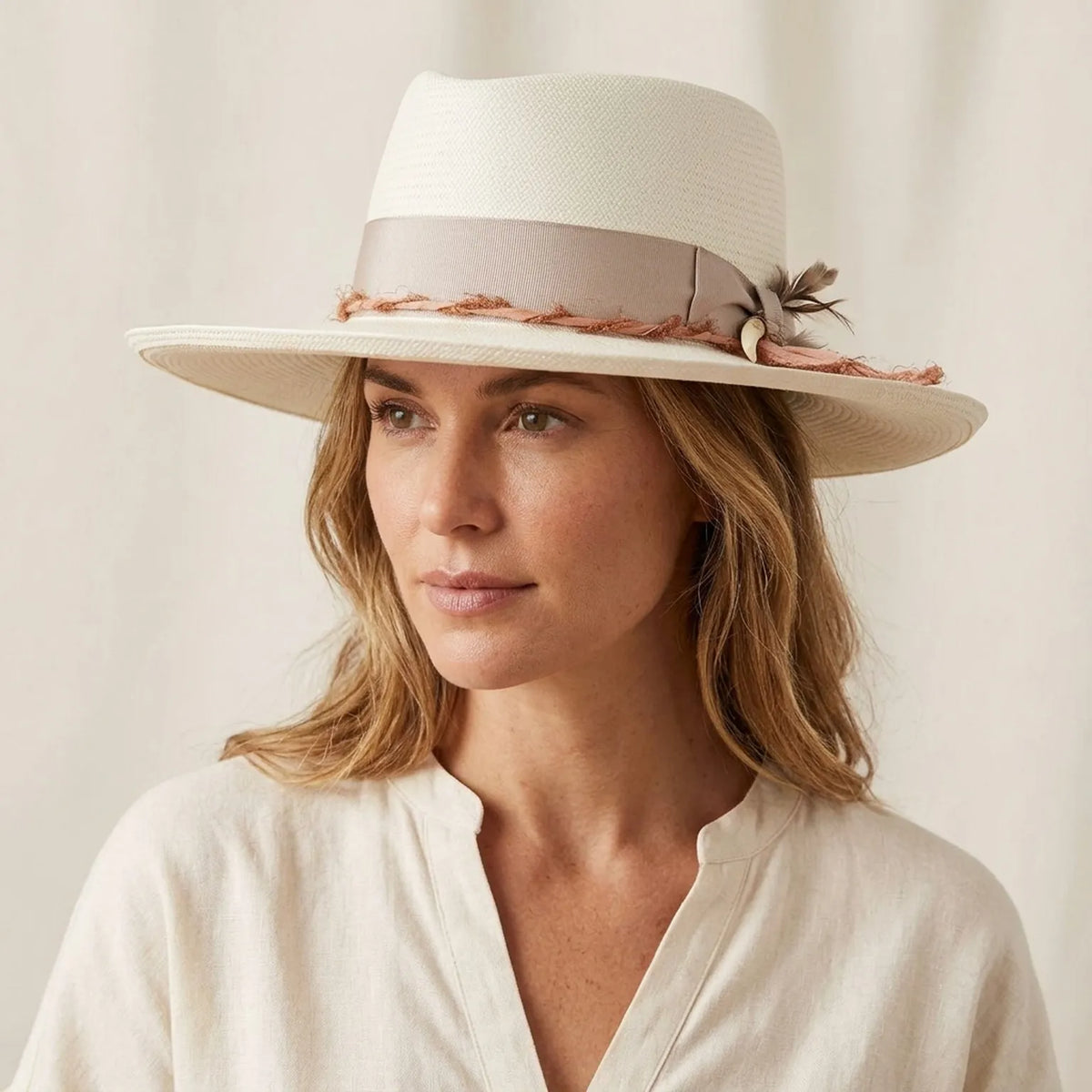 Ivory Felt Fedora Hat with Frayed Pink Ribbon Band and Feathers
