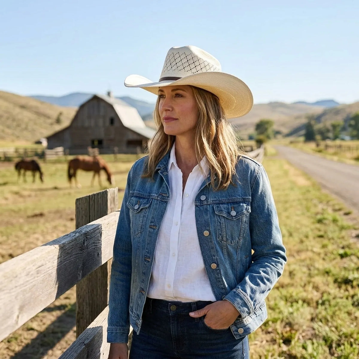 Cream Vented Straw Cowboy Hat with Brown Leather Buckle Band