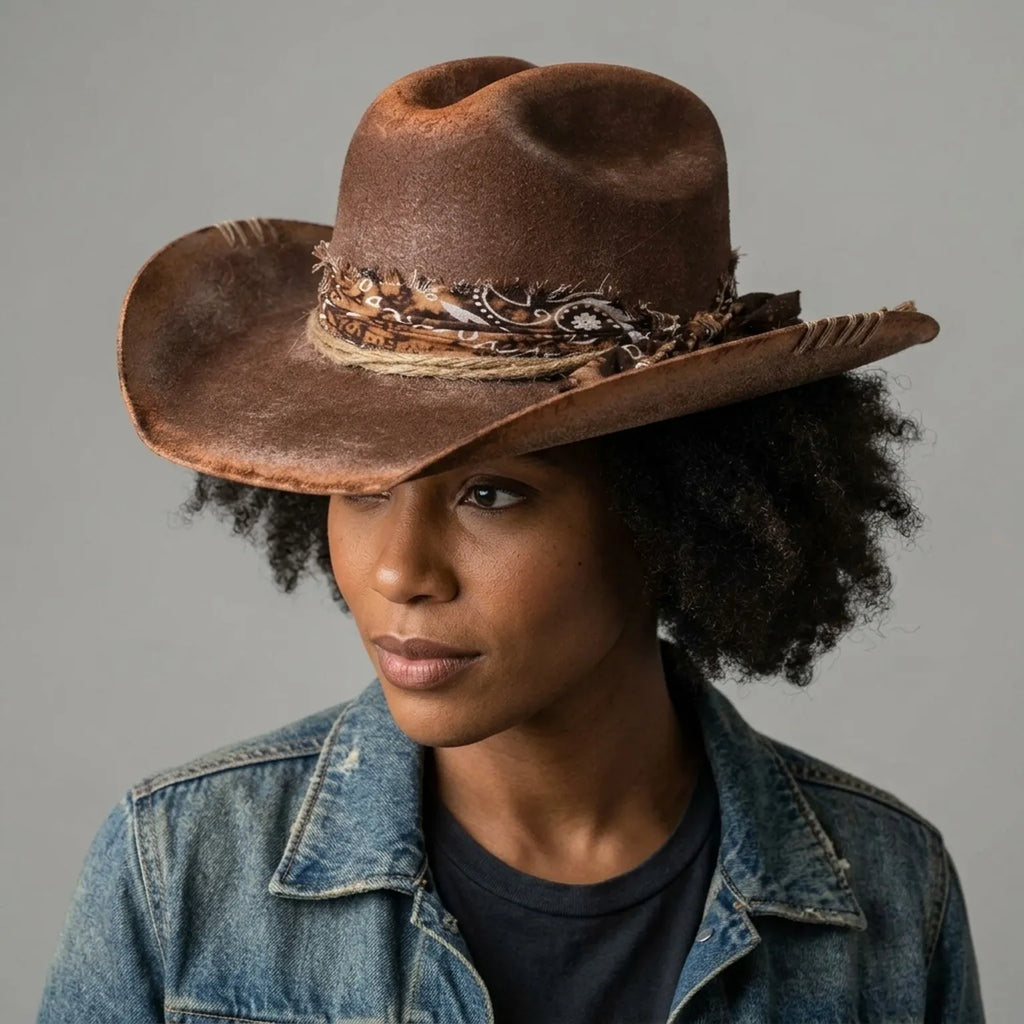 Distressed Brown Cowboy Hat with Paisley Bandana and Jute Rope