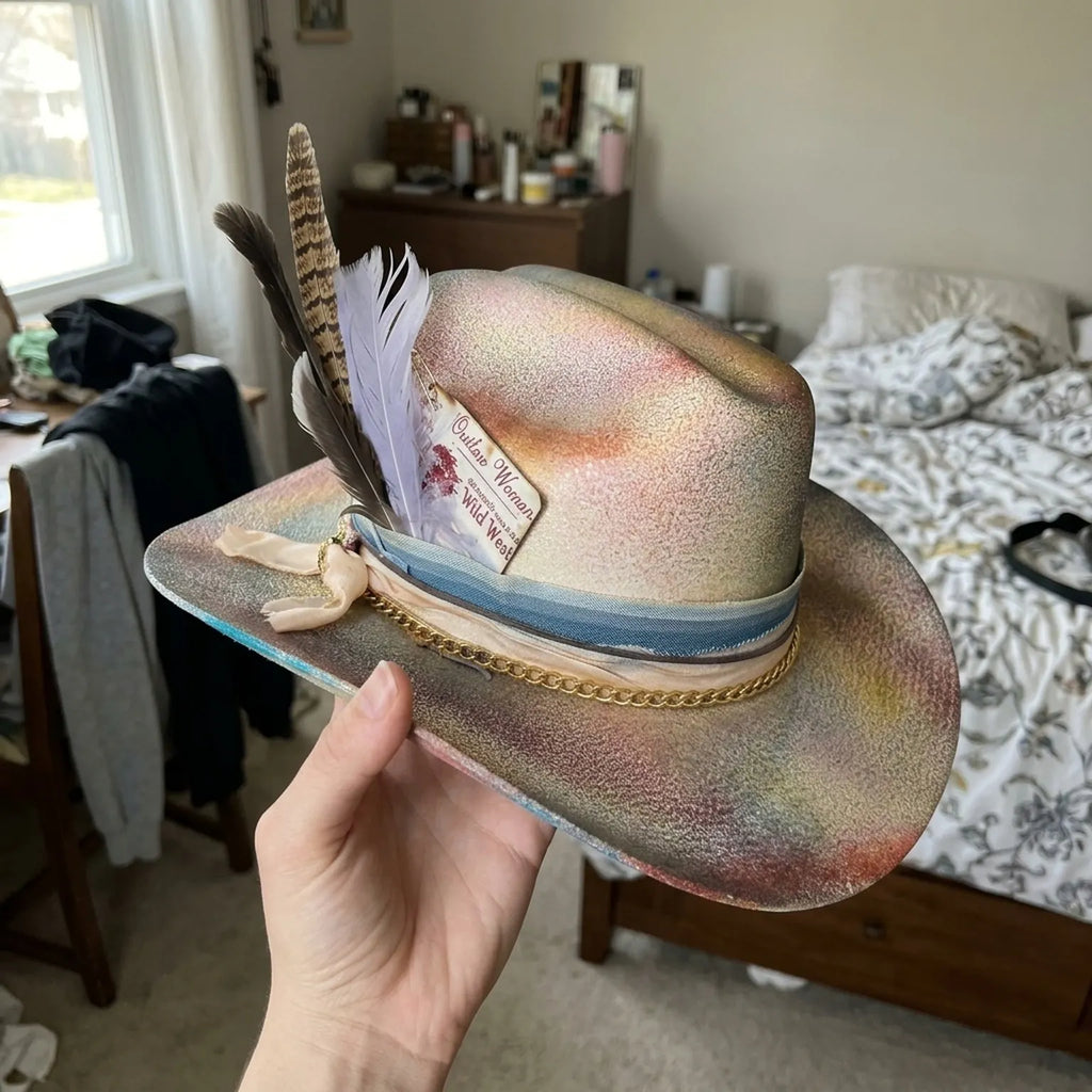 Tie-Dye Festival Fedora in Sunset Tones with Feather Chain