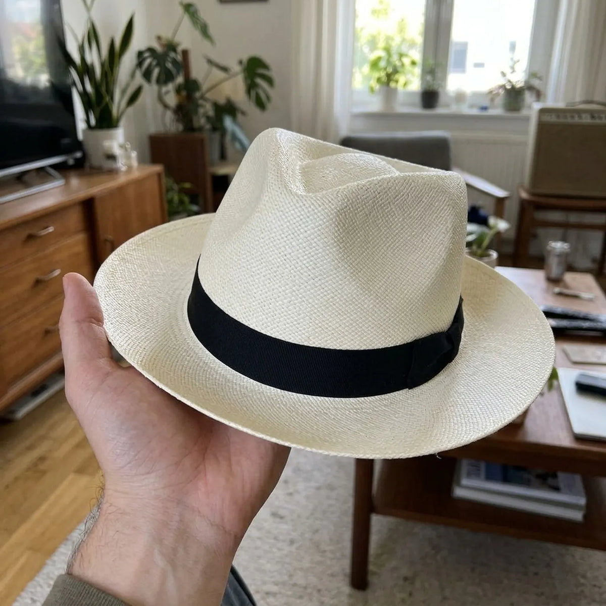 Ivory Straw Panama Hat with Black Ribbon Band for Summer