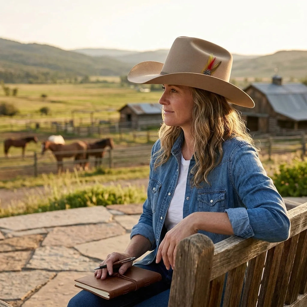 Tan Wool Felt Cowboy Hat with Feather Accent Ribbon Band