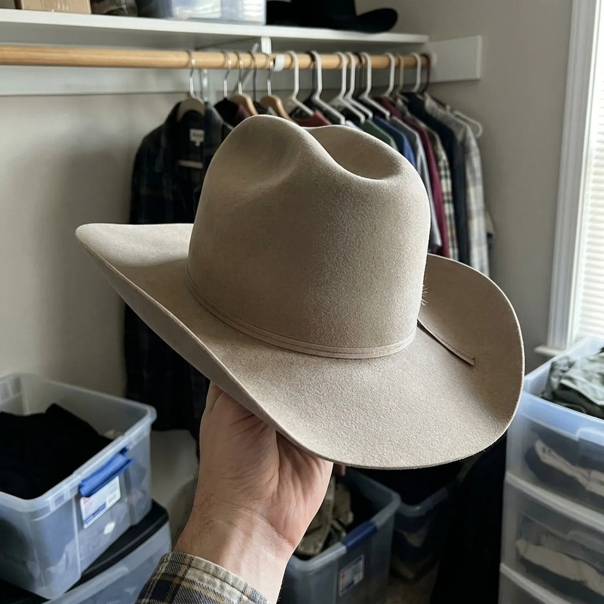 Beige Wool Felt Cowboy Hat with Feather Accent