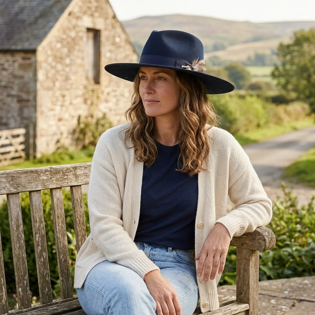 Navy Blue Wide Brim Felt Hat with Star Cutouts and Feather