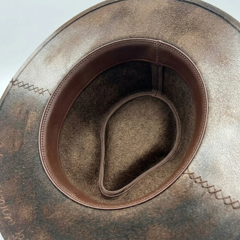 Dark Brown Fedora with Whiskey Patch, Feathers and Bullet Charm
