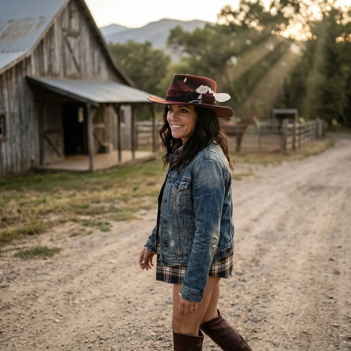 Western Red Fedora with Playing Cards, Rose and Bullet