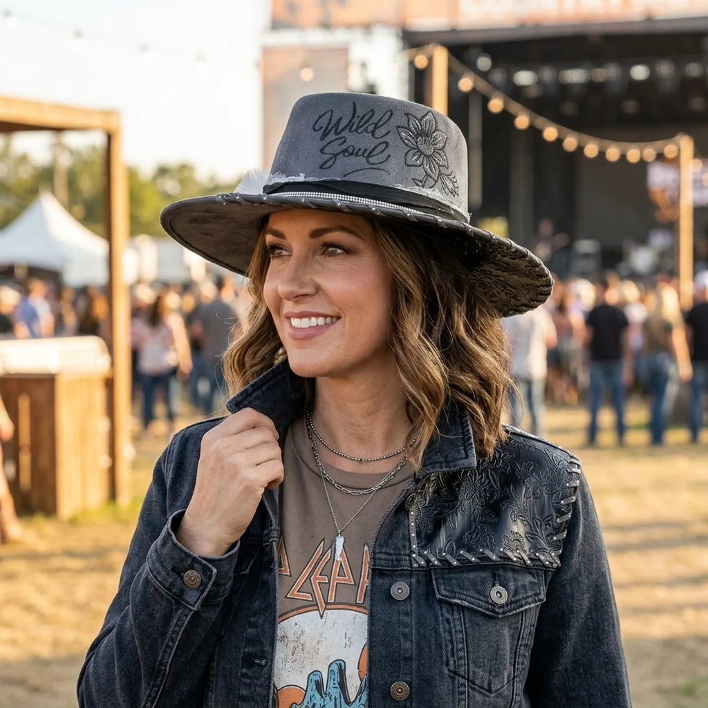 Gray Flocked Fedora Hat with Wild Soul Embroidery and Feather