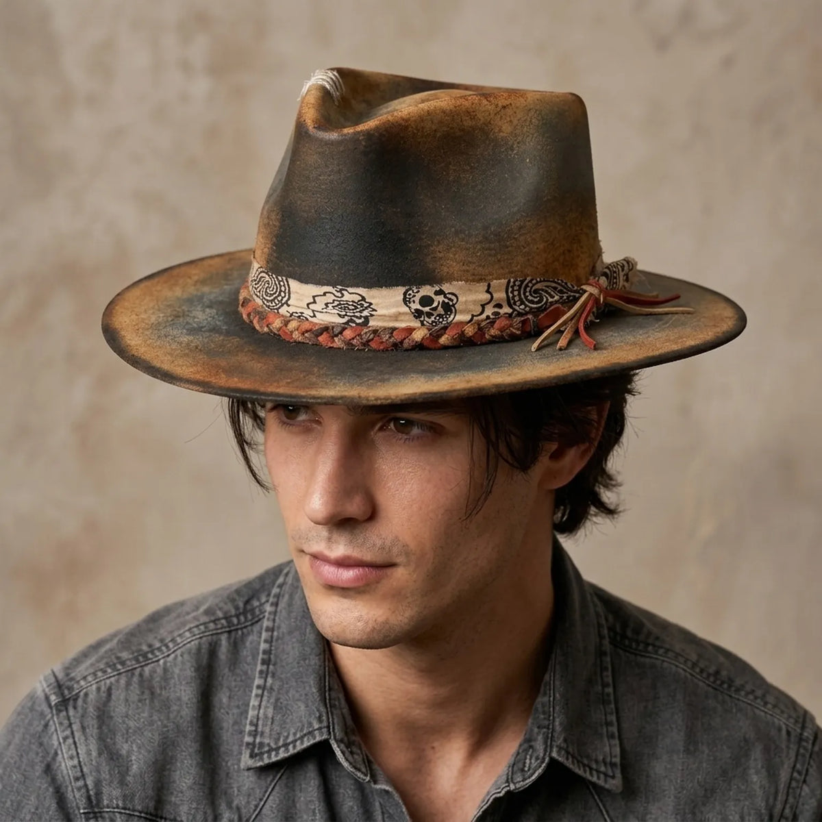 Distressed Olive Felt Fedora Paisley Bandana Braided Cord