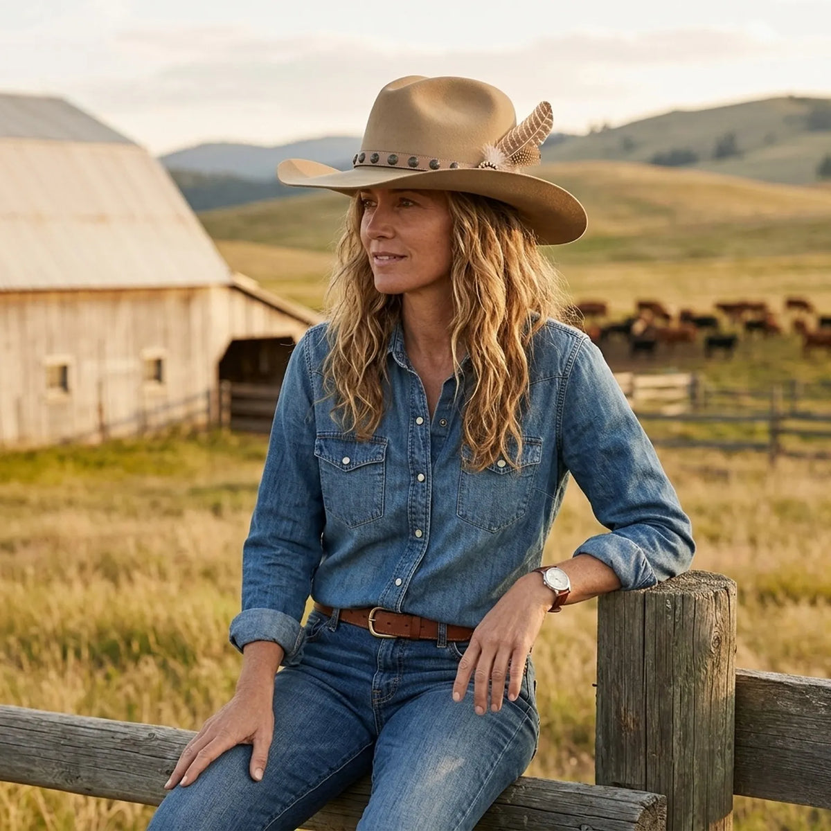 Tan Felt Cowboy Hat with Feather and Studded Leather Band