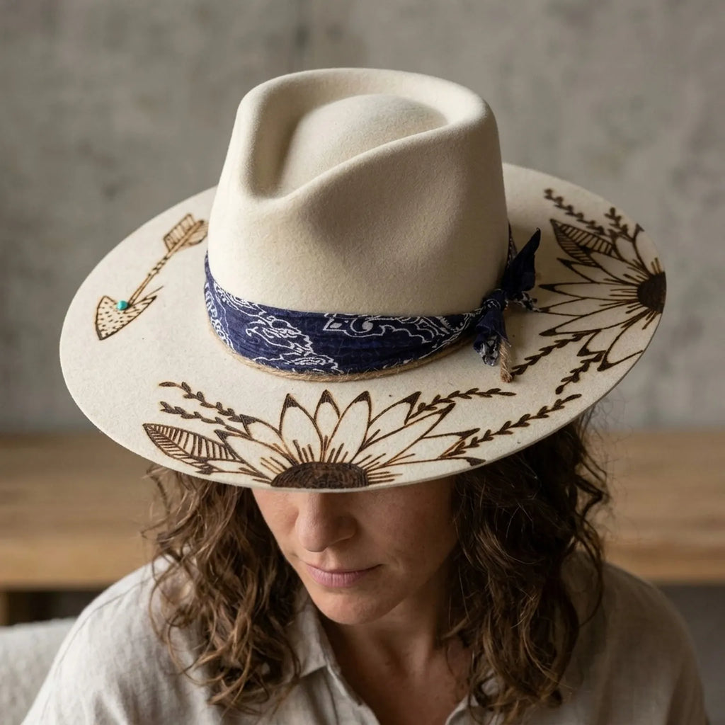 Cream Felt Fedora with Sunflower Embroidery and Bandana Band
