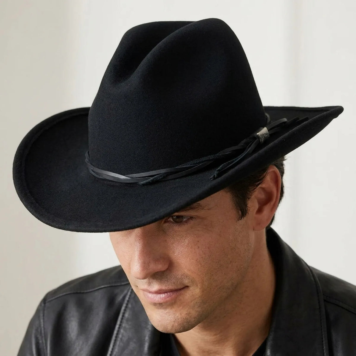 Unisex Black Wool Felt Cowboy Hat with Leather Band