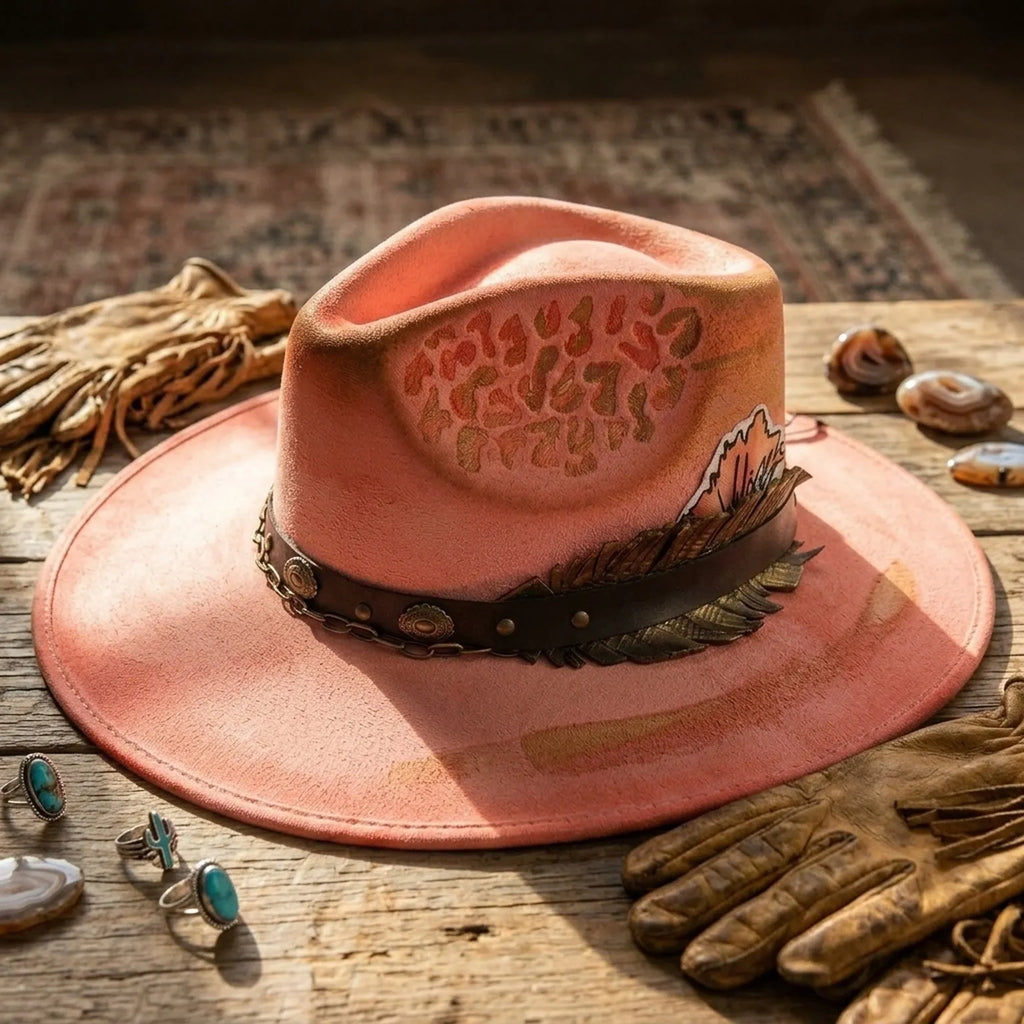 Coral Satin Fedora with Gold Leaf Print and Brass Chain