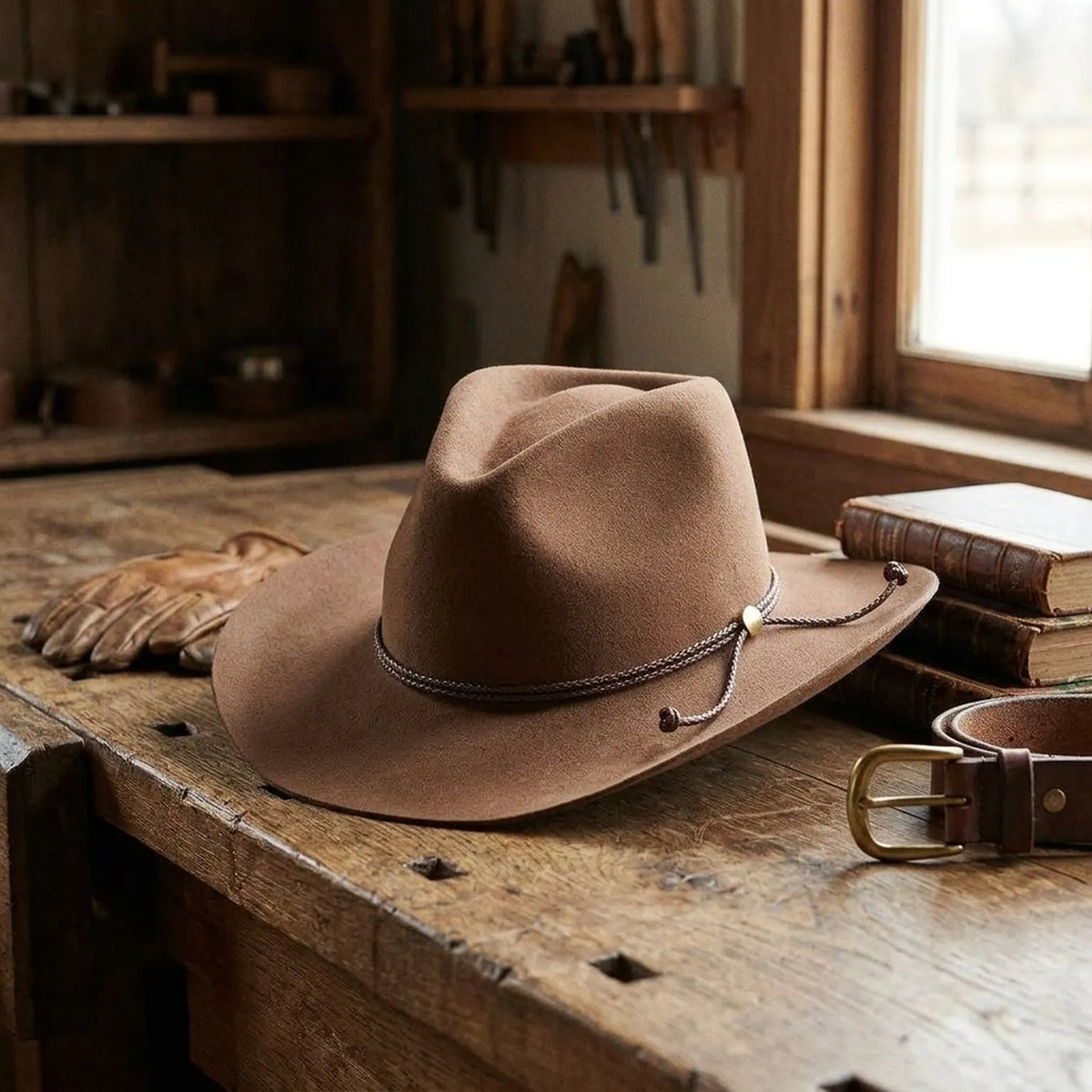Camel Wool Felt Cowboy Hat with Braided Rope Tassel Band