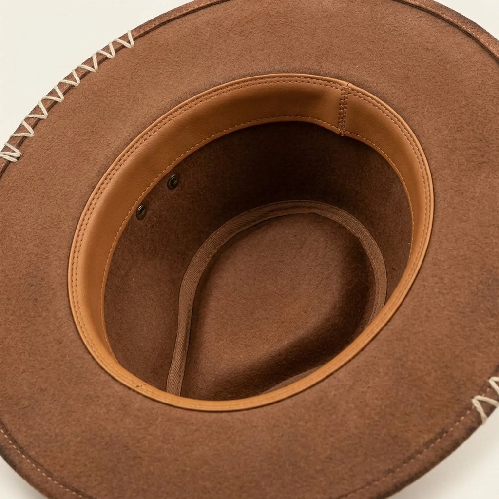 Distressed Brown Leather Western Hat Carved Tribal Pendant