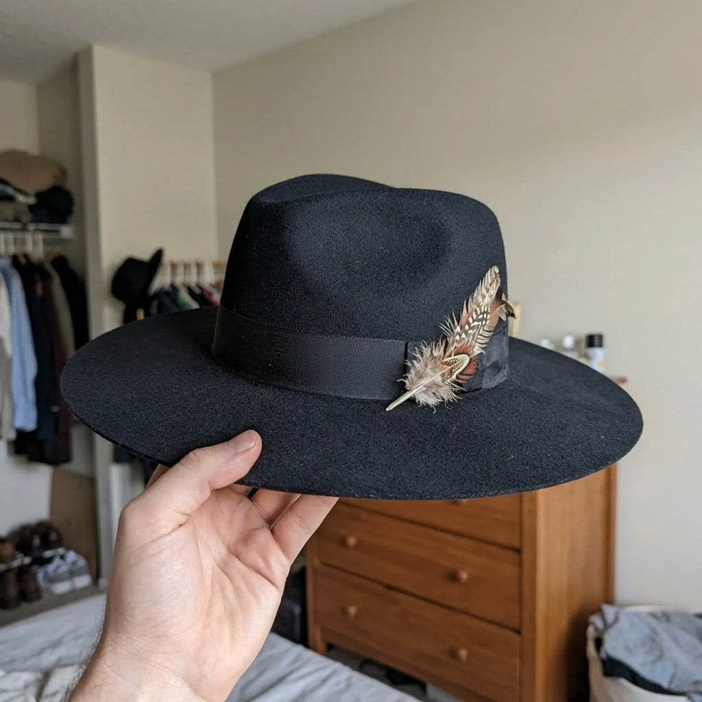 Black Wide Brim Wool Felt Fedora Hat with Feather Accent