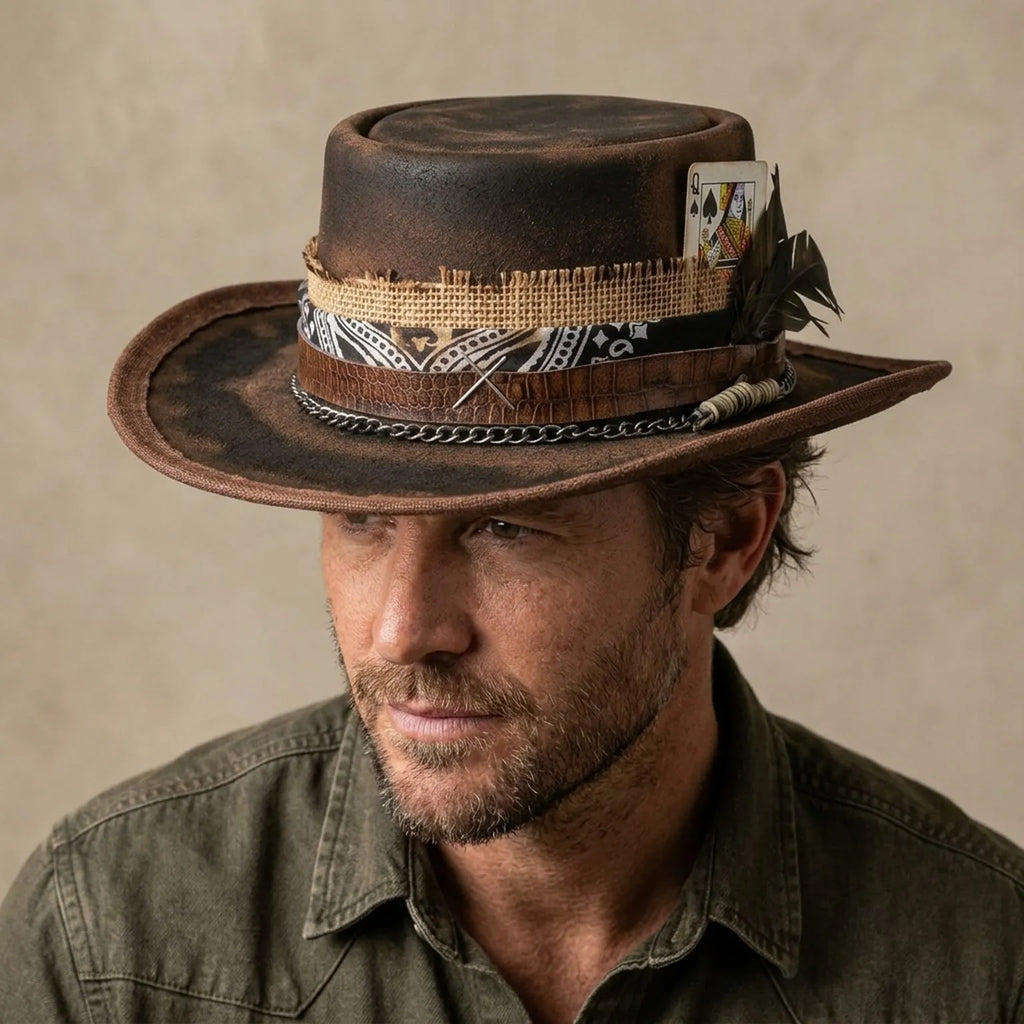 Vintage Brown Pork Pie Hat with Playing Cards and Feather Band