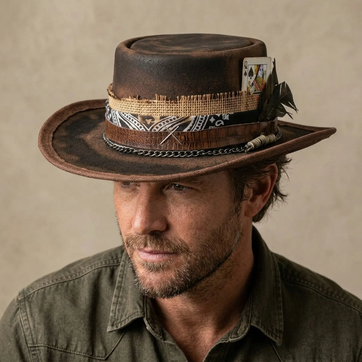 Vintage Brown Pork Pie Hat with Playing Cards and Feather Band