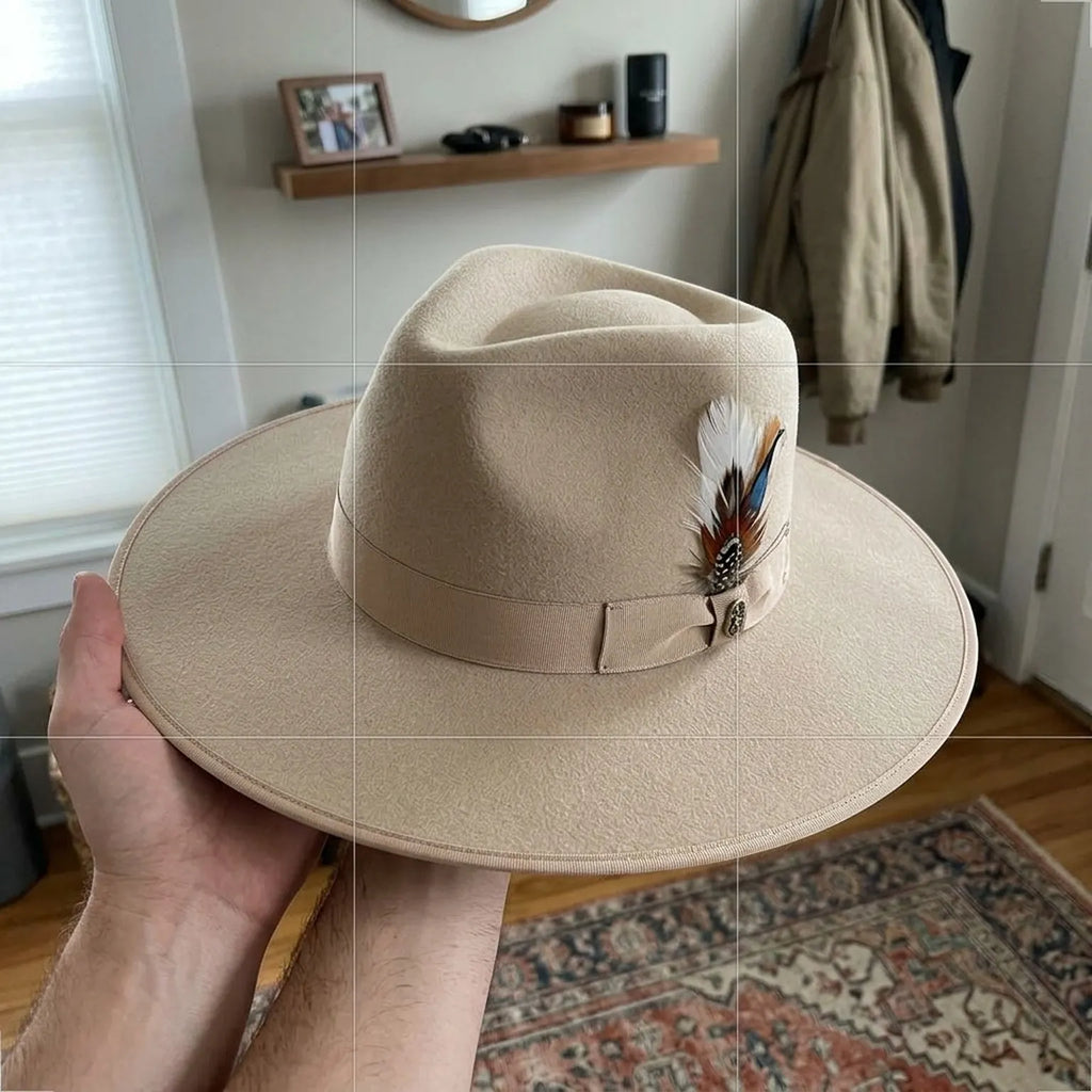 Cream Wide Brim Wool Felt Hat with Feather and Ribbon Band