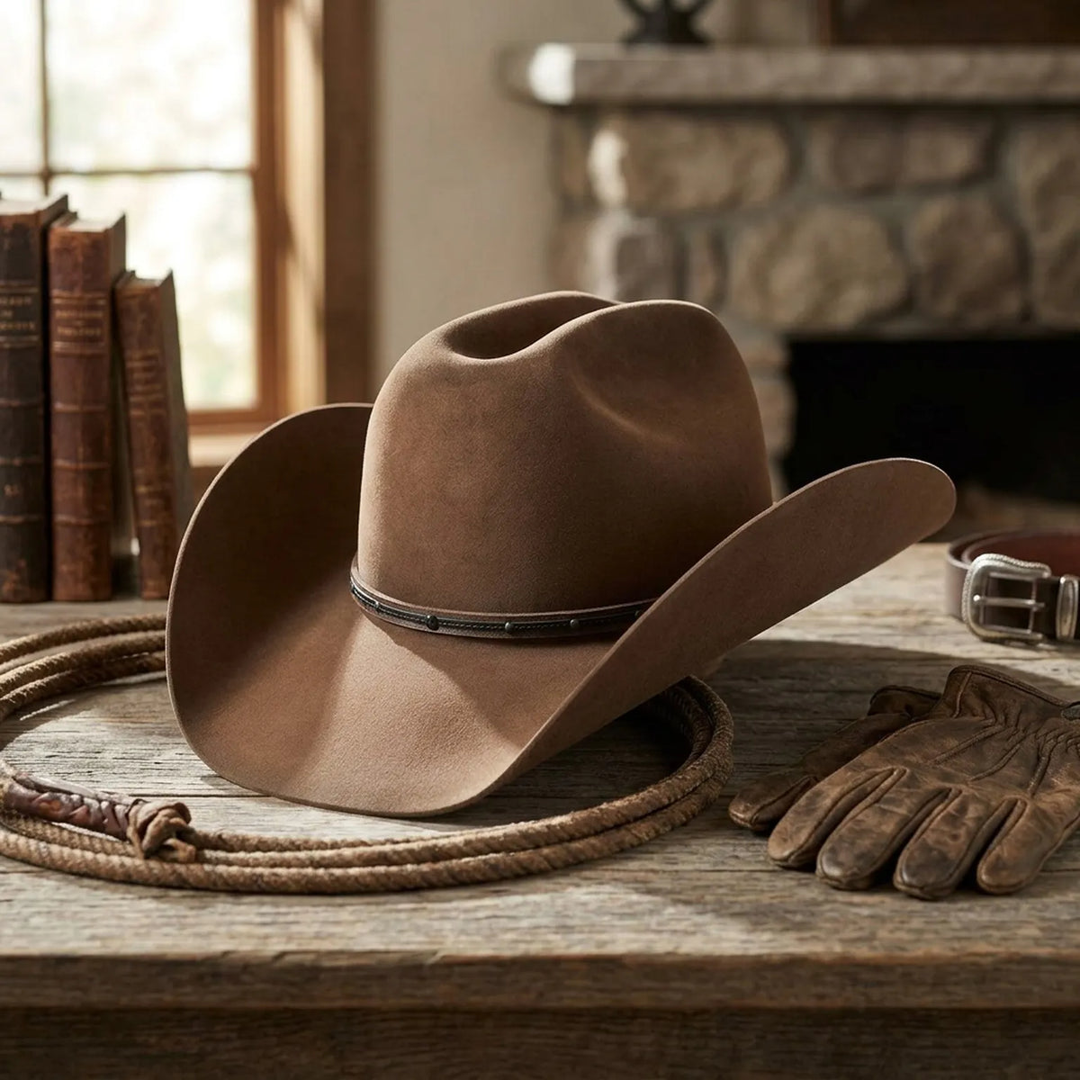 Brown Wool Felt Cowboy Hat with Studded Leather Hatband