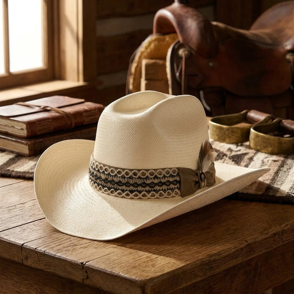 Cream Straw Cowboy Hat with Woven Band and Side Bow Detail