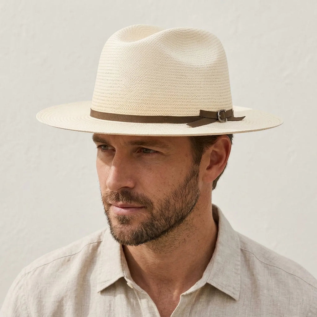 Cream Straw Panama Hat with Brown Band for Elegant Warm Weather