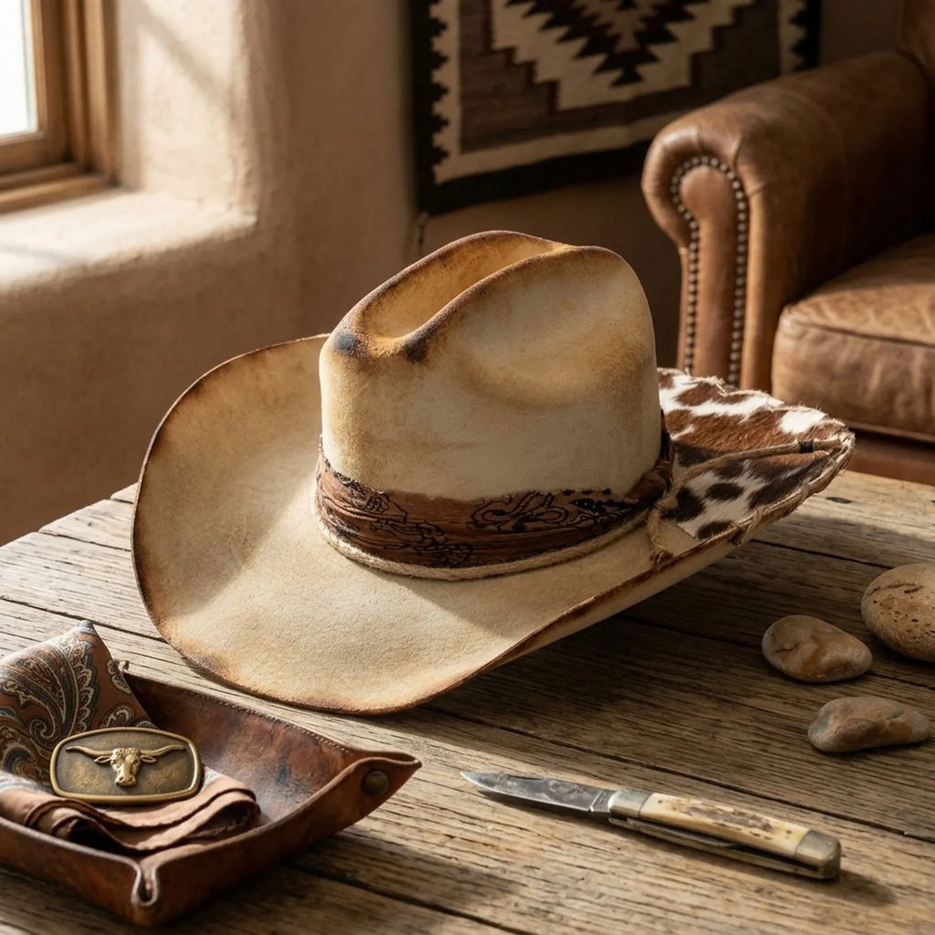 Vintage Cream Cowboy Hat with Burnished Edges and Paisley Band
