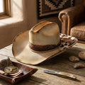 Vintage Cream Cowboy Hat with Burnished Edges and Paisley Band