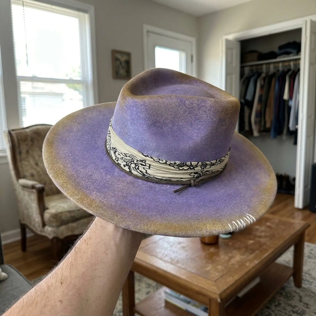 Purple Tie-Dyed Fedora With Patterned Band And Whip-Stitch Brim