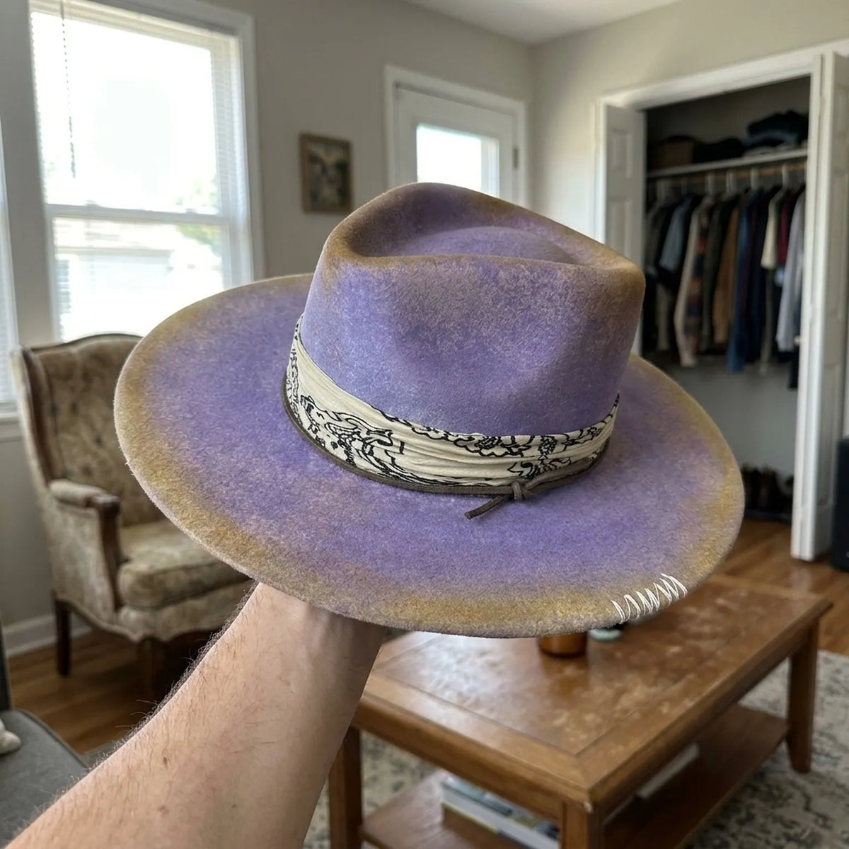 Purple Tie-Dyed Fedora With Patterned Band And Whip-Stitch Brim