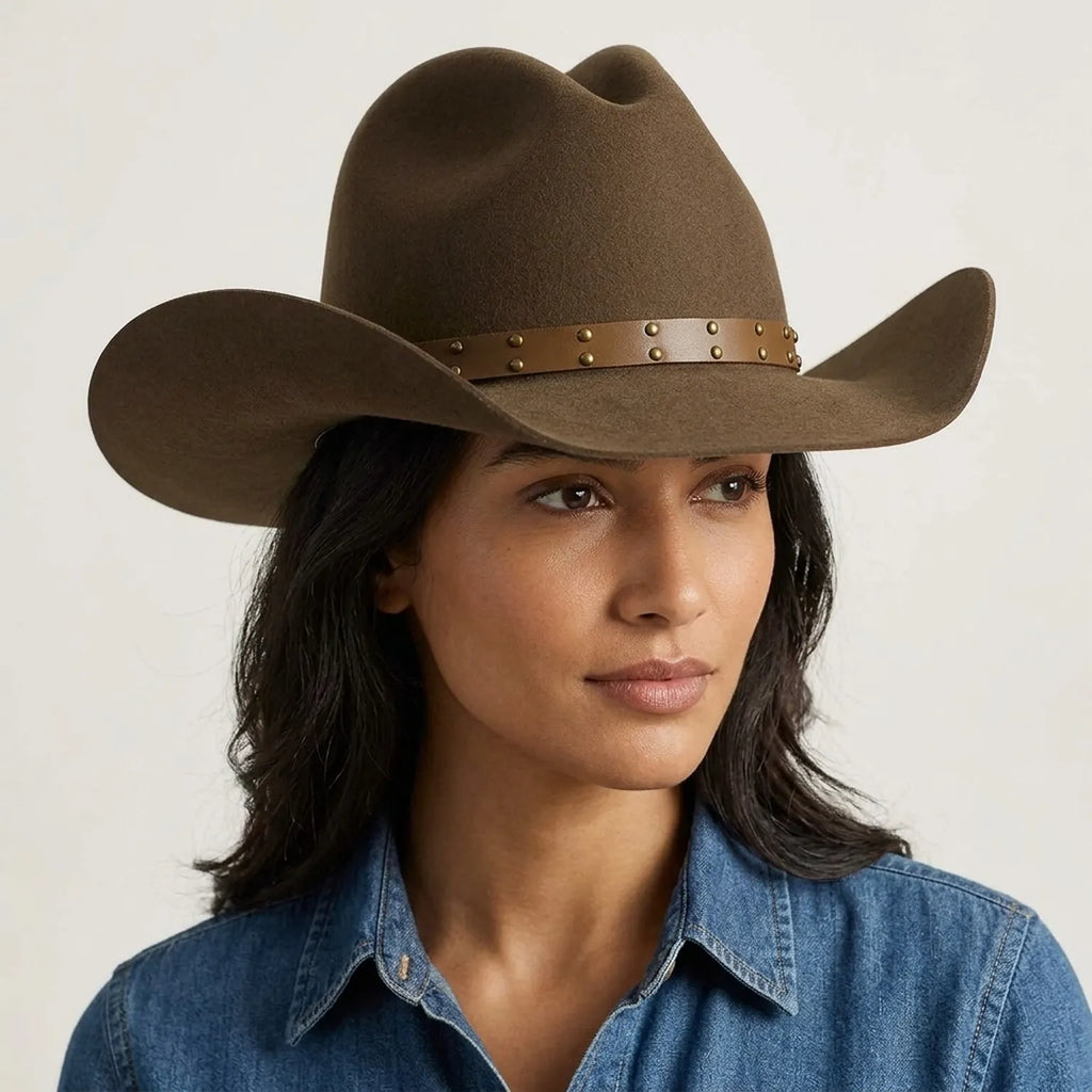 Unisex Brown Wool Felt Cowboy Hat with Studded Leather Band