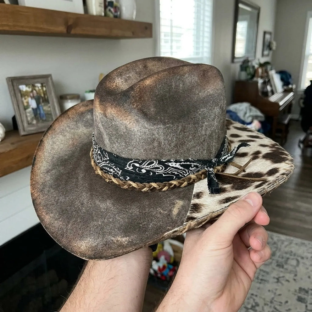 Distressed Gray Cowboy Hat with Cow Print Brim and Bandana Band