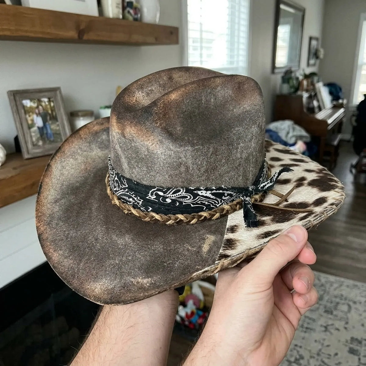 Distressed Gray Cowboy Hat with Cow Print Brim and Bandana Band
