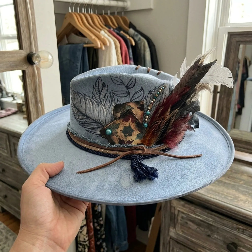 Light Blue Fedora Leaf Embroidery Feather Cluster Tassel Boho Hat