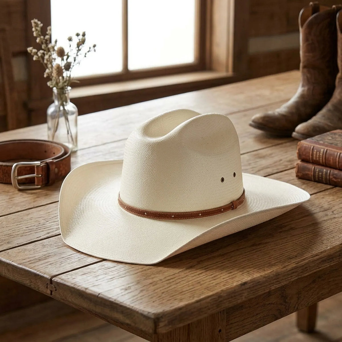 Unisex White Felt Cowboy Hat Studded Leather Band Wide Brim