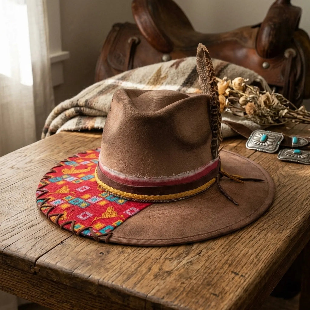 Festival Brown Fedora with Woven Patch and Feather Trim