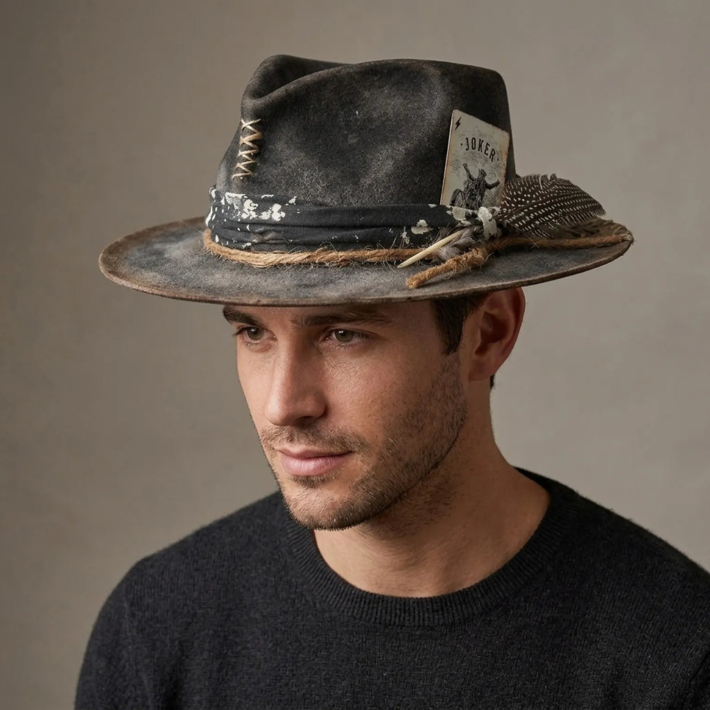 Charcoal Felt Western Hat with Joker Card and Spotted Feather
