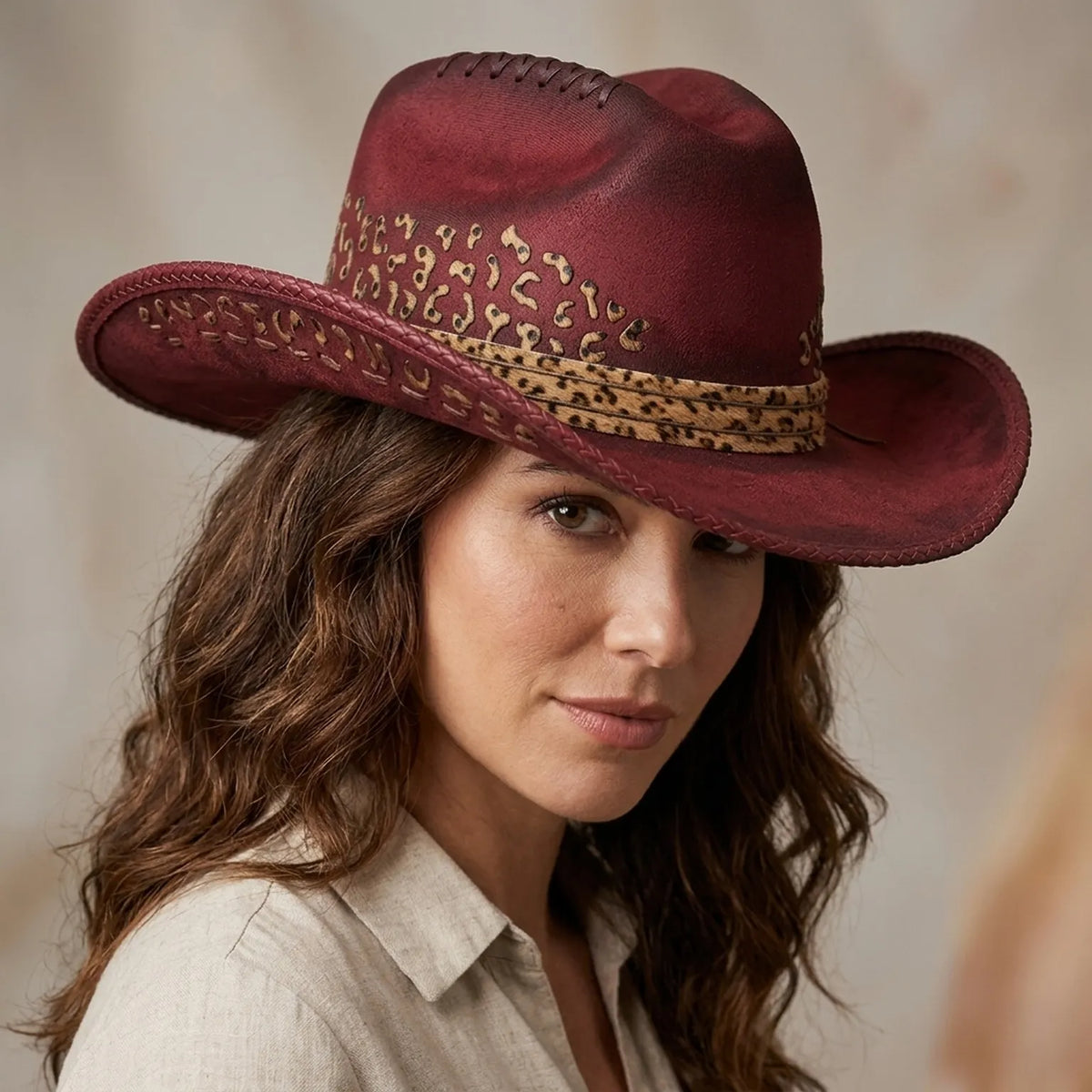 Burgundy Leopard Print Western Hat with Braided Brim Edge