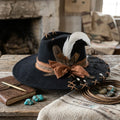 Black Western Hat with Cowhide Brim Cross Lacing White Feather